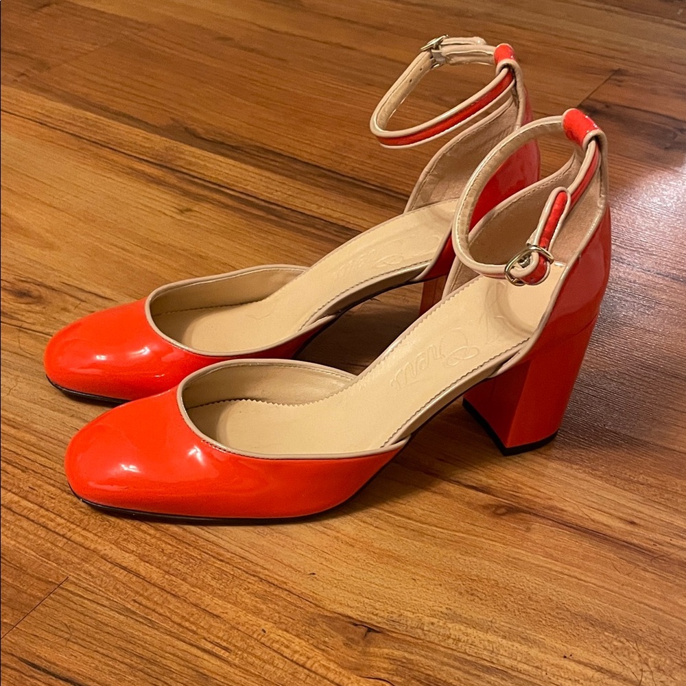 Jcrew “Maisie” Red Italian Patent Leather Closed Toe Block Heel with Ankle Strap